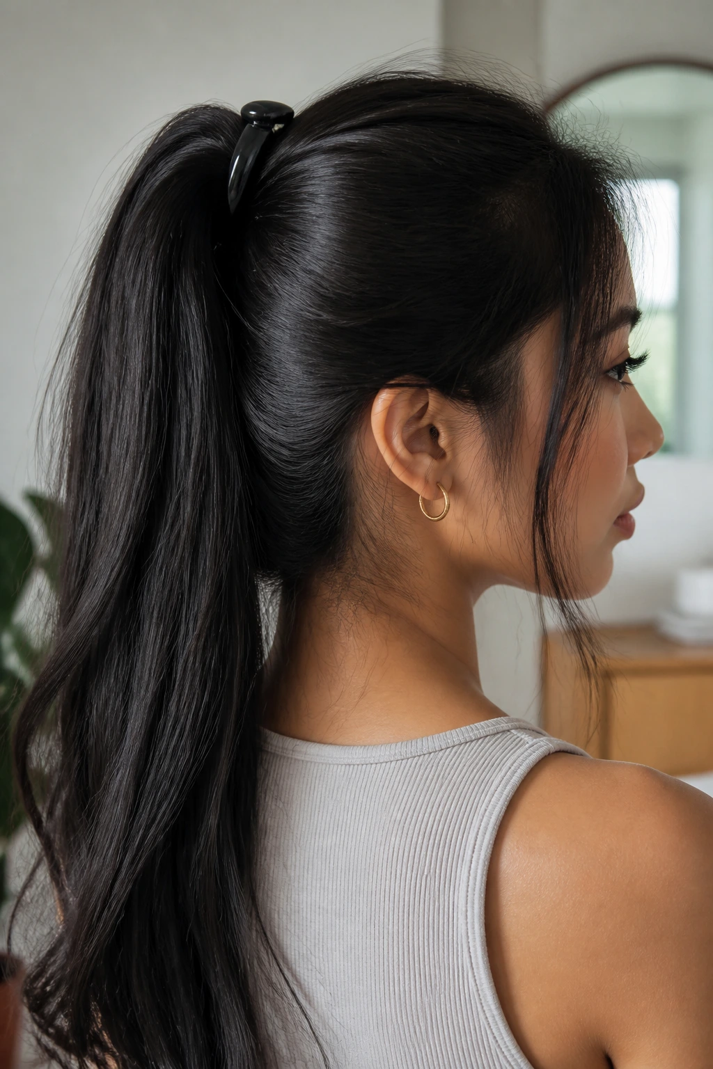 Close-up portrait of a real woman with a banana clip volume-boost ponytail