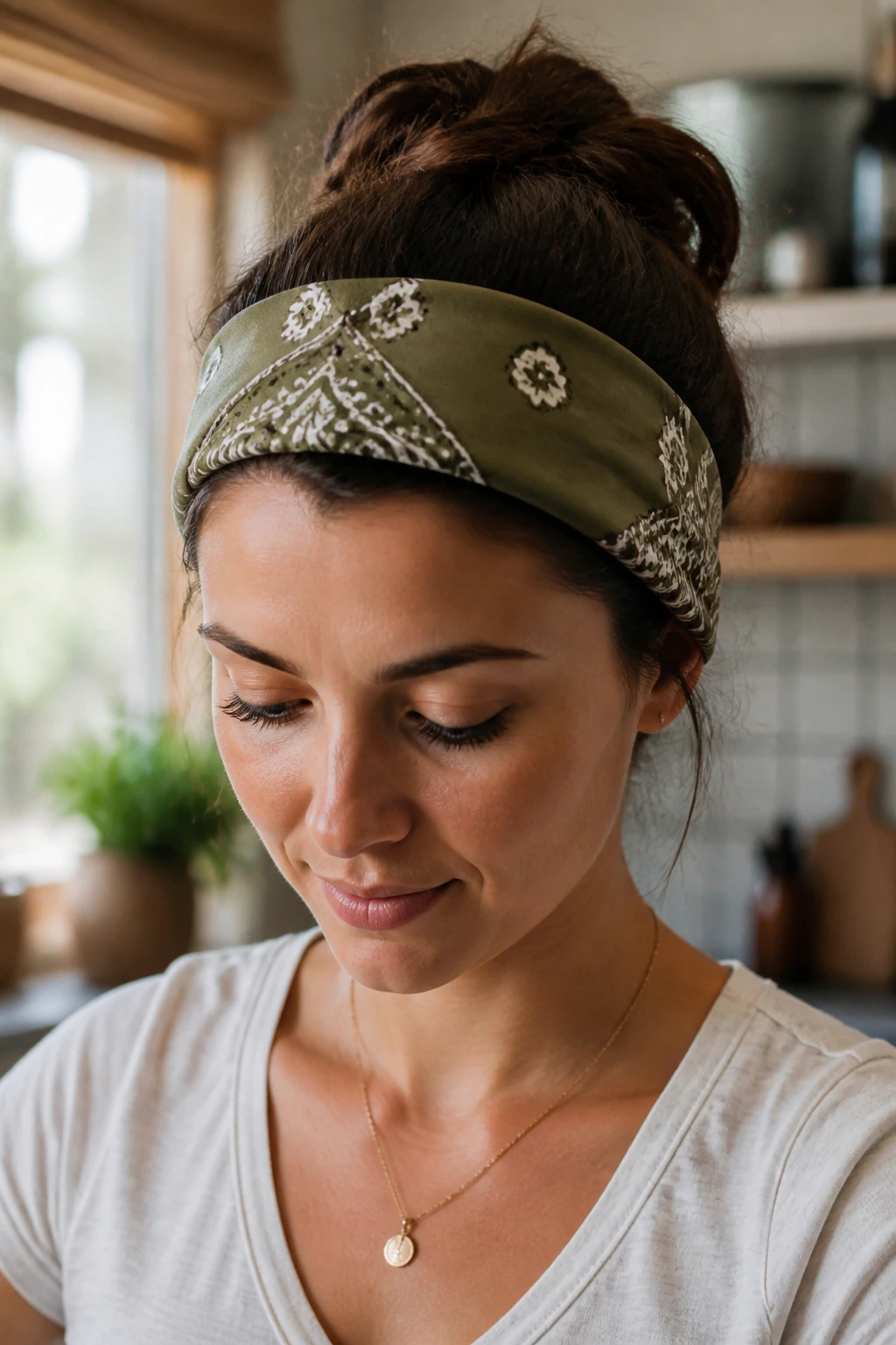 Portrait of a real person wearing a folded bandana across the forehead in a home setting