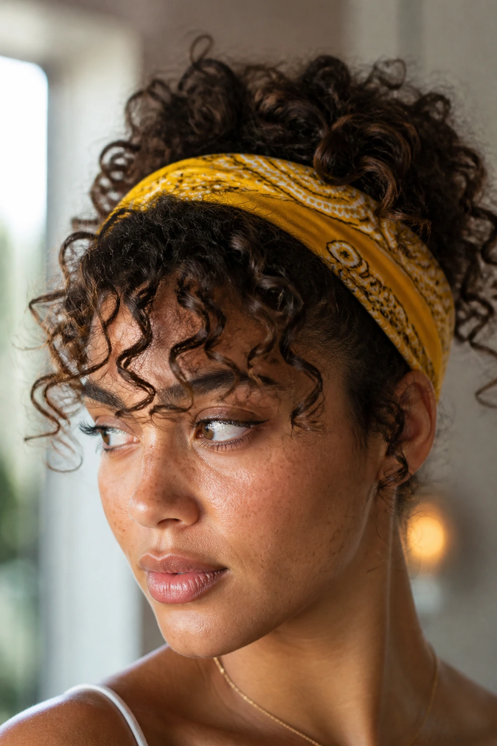 Real woman wearing a saffron-yellow bandana headband with curls pushed back.