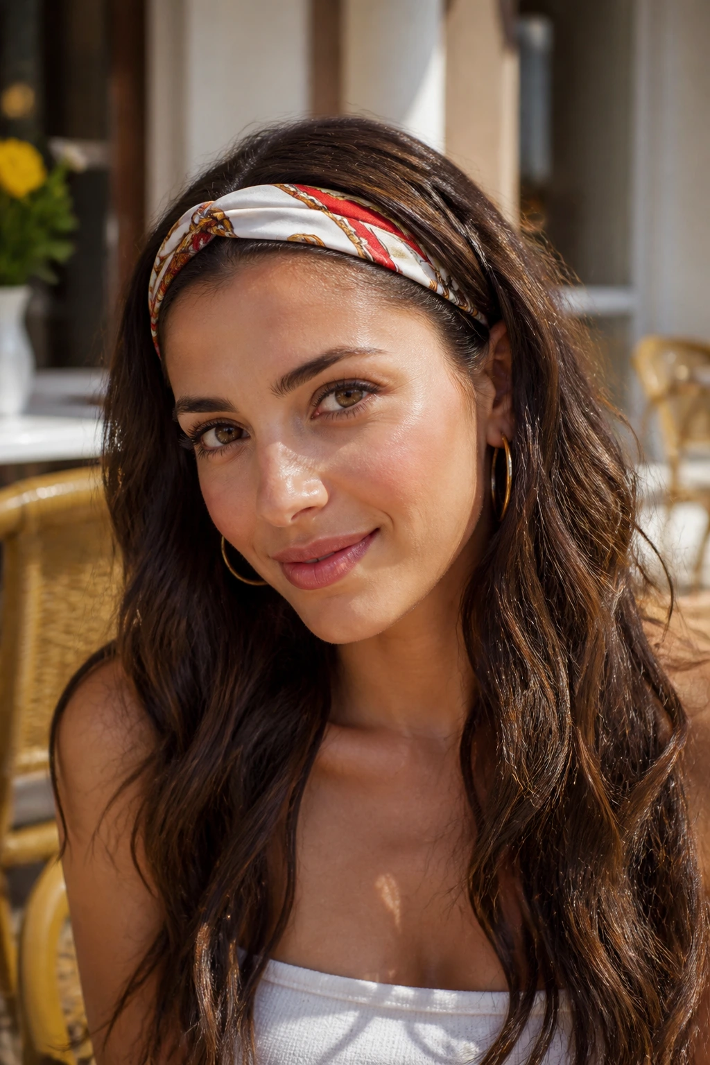 Close-up of a real woman wearing a narrow silk bandana headband with soft waves.