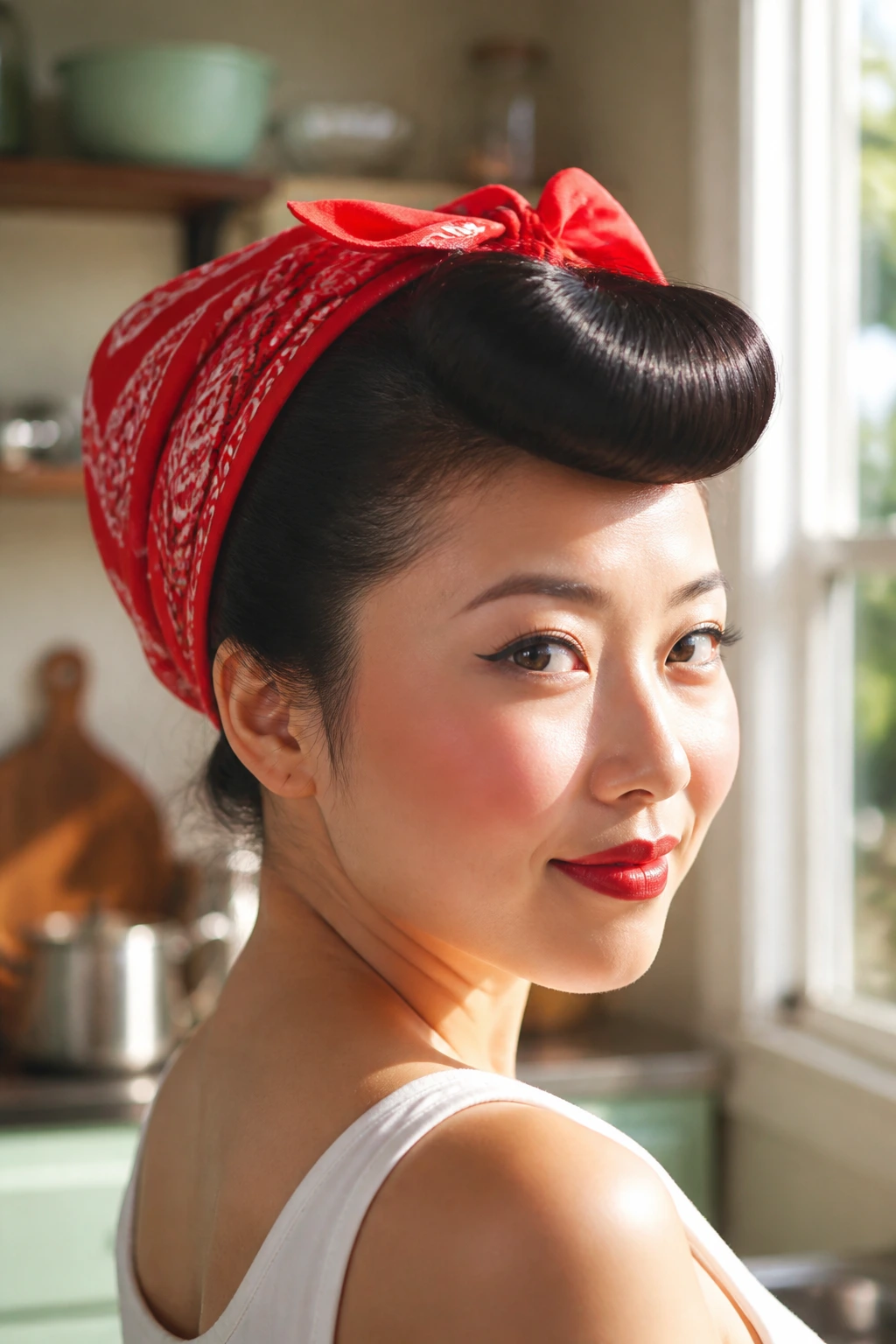 Close-up of a real woman with a bright bandana and a rolled front hair in pin-up style.