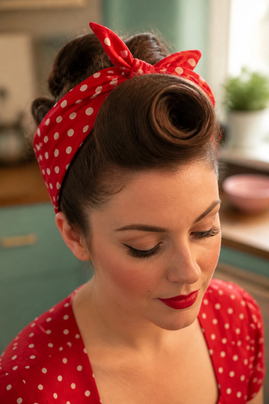 Close-up of a real woman wearing a polka dot bandana with a front victory roll.