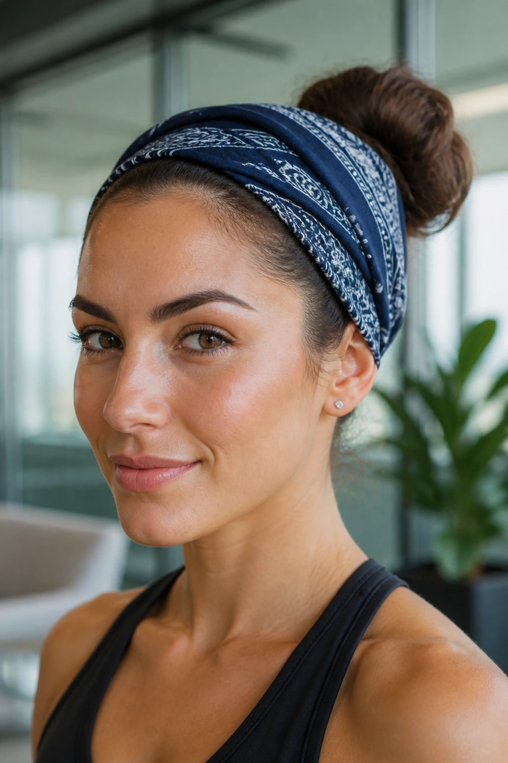 Close-up of a woman with a bandana-wrapped bun in a bright office setting