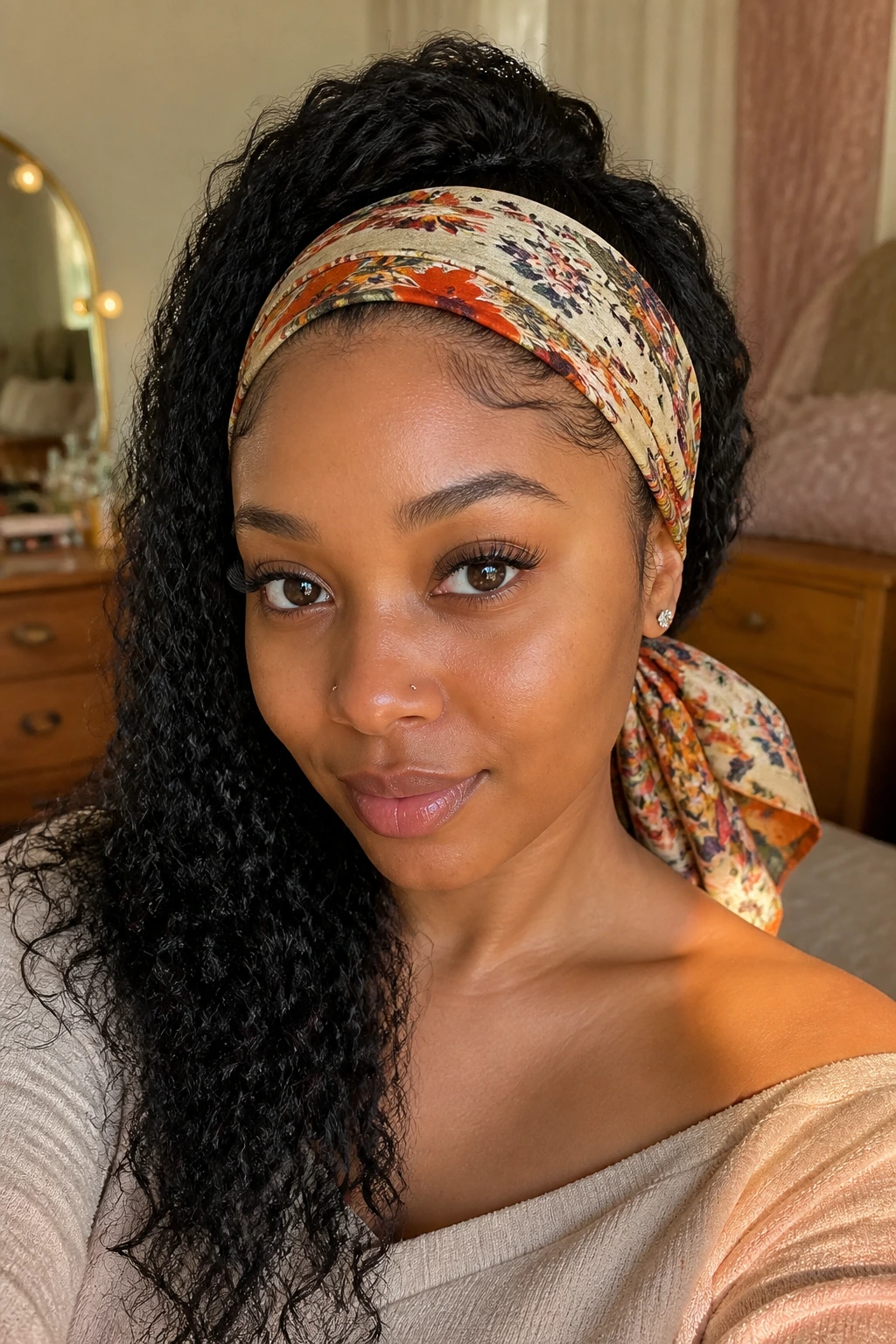 Close-up portrait of a real person wearing a bandfall wig with scarf, bare front cap and colorful wrap