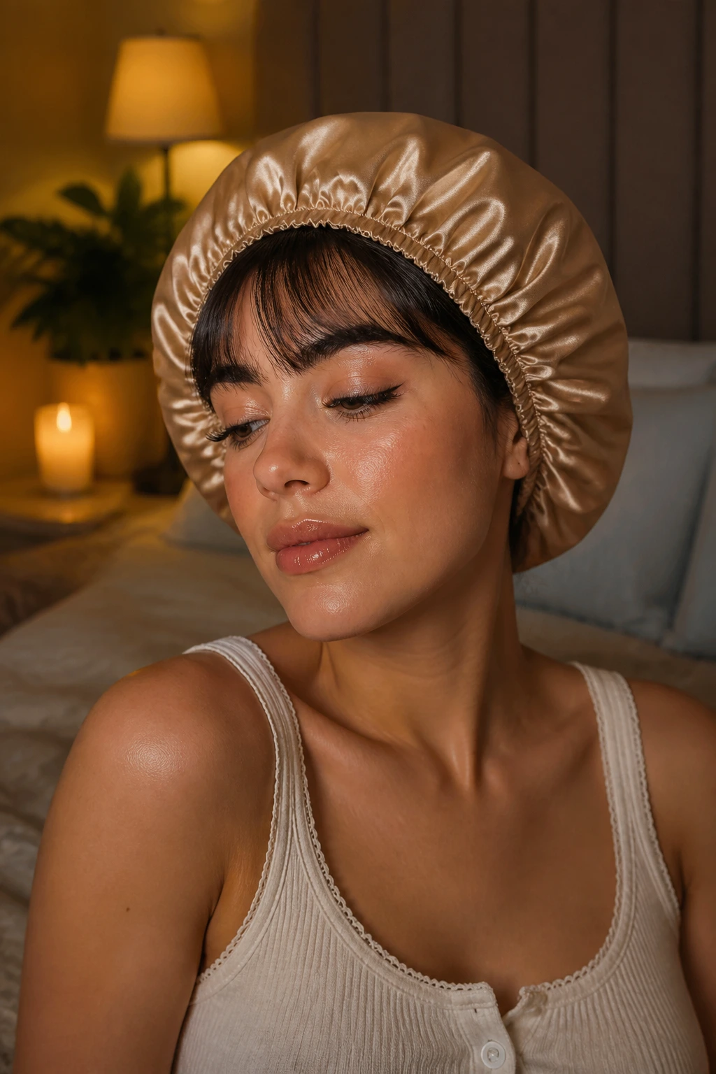 Person wearing a silk bonnet to protect bangs during sleep.