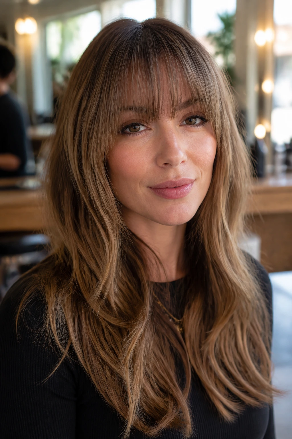 Close-up portrait of a person with balanced bangs that flatter face shape, in a salon setting