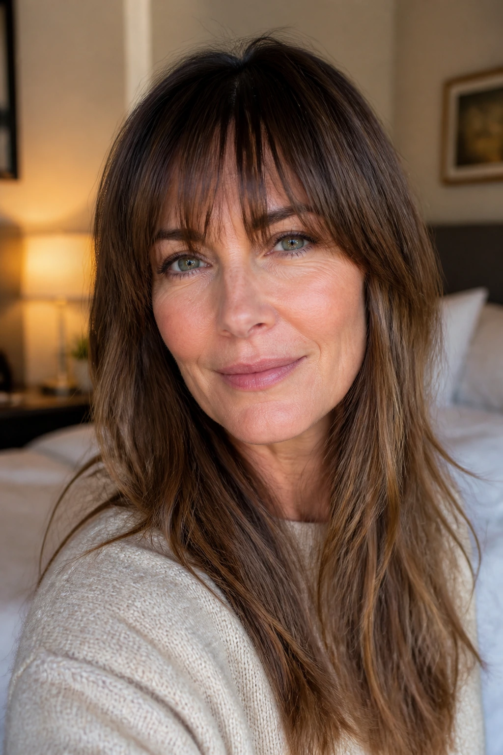 Close-up portrait of a woman showcasing bang shape that flatters mature facial structure