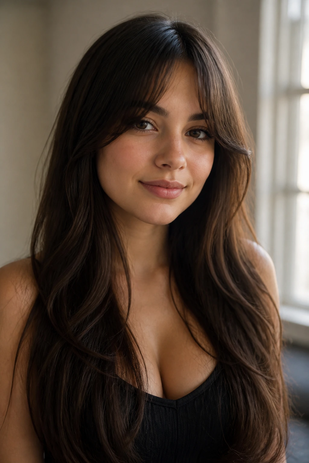Portrait of a woman with curtain bangs illustrating popular bang styles for round faces