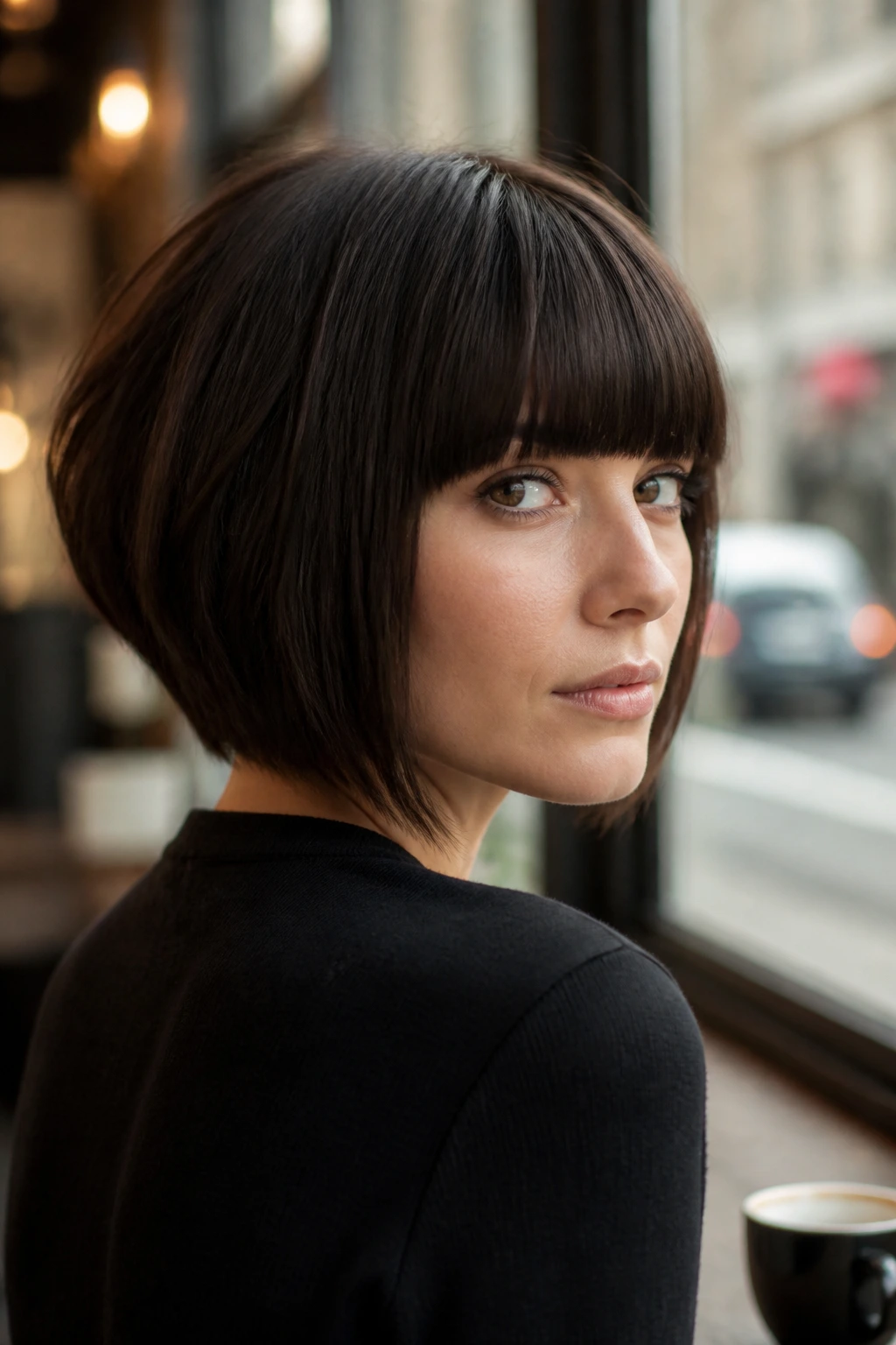 Portrait of real person with blunt bangs and stacked back hairstyle