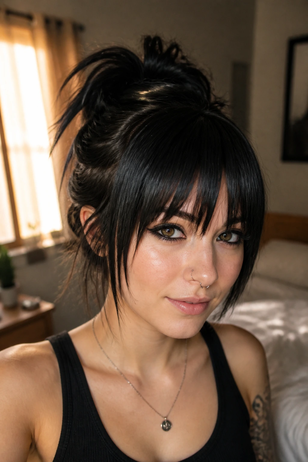 Close-up of a real woman with straight bangs and messy bun