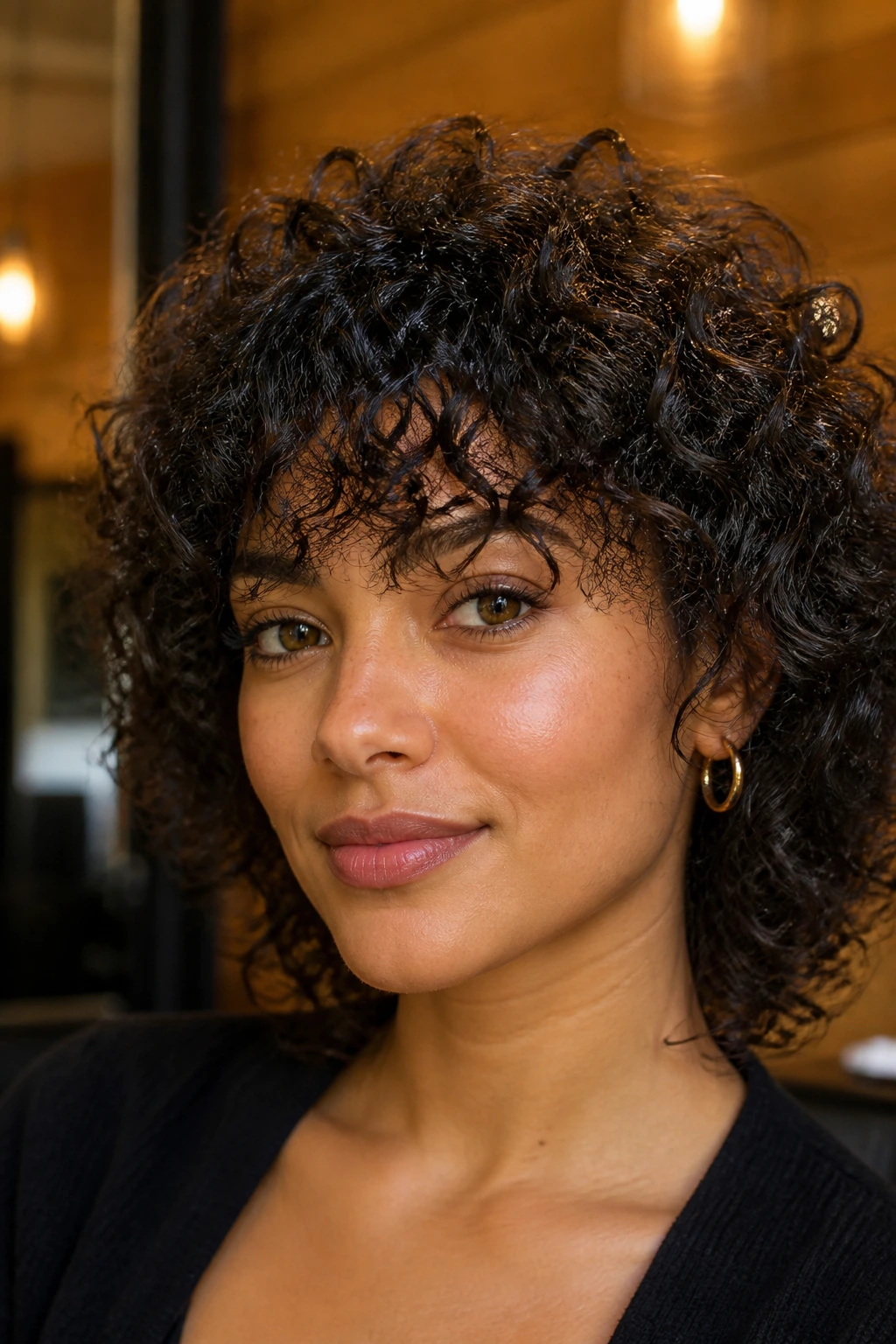 Portrait of a woman with bangs matched to her curl pattern in a warm salon