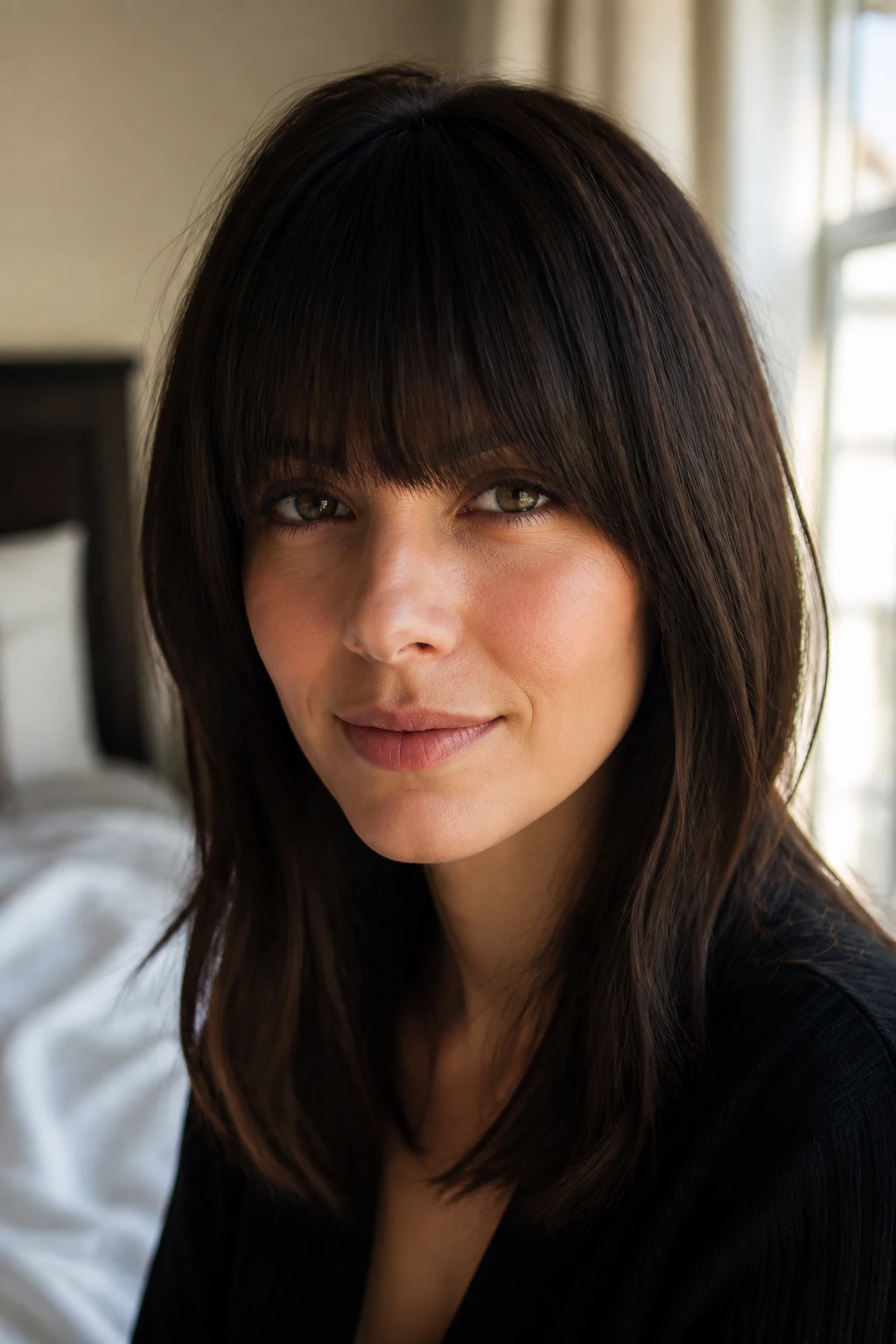 Close-up of a woman with bangs creating the illusion of thicker hair