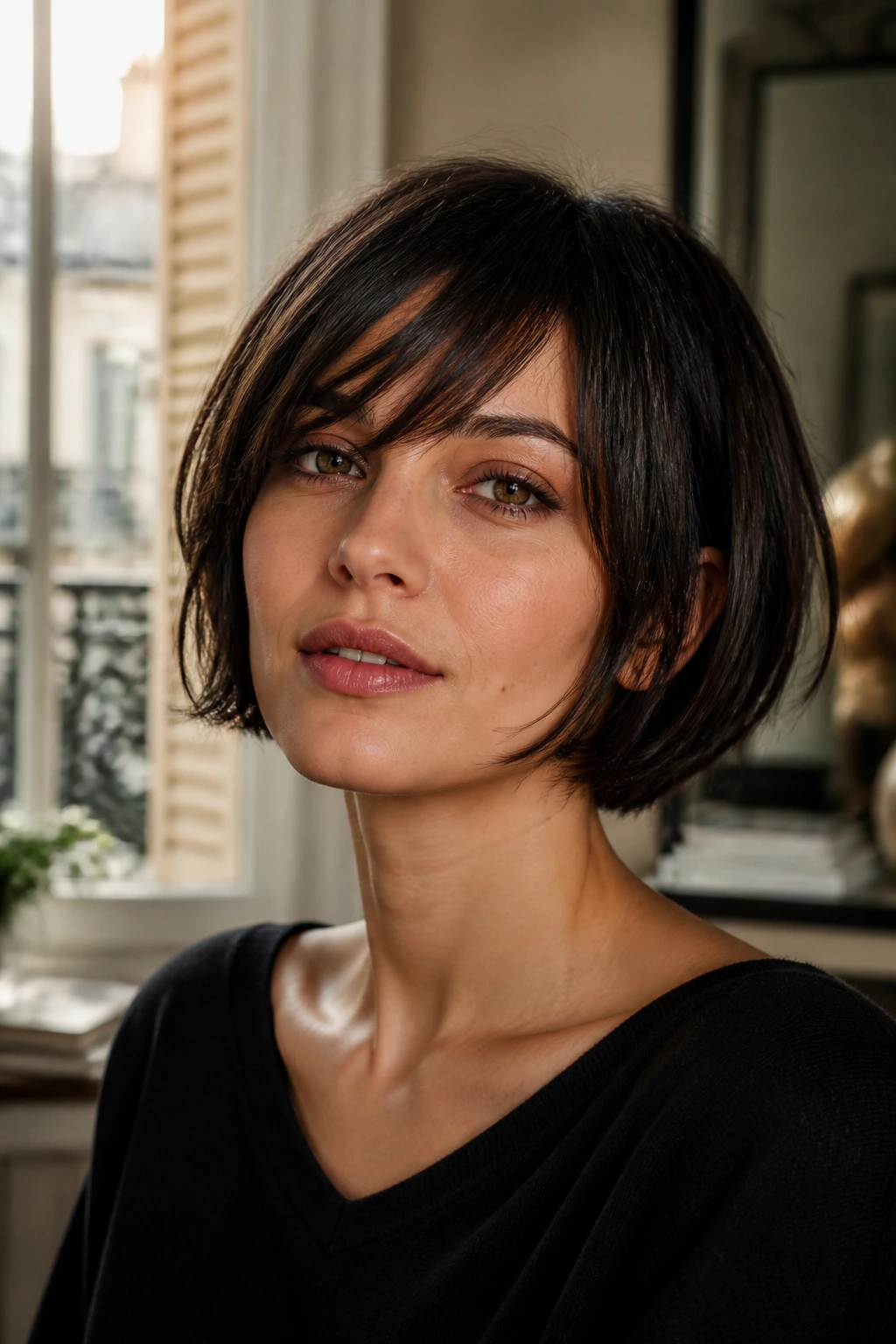 Close-up of side-swept razored bangs on a French bob with Parisian window light