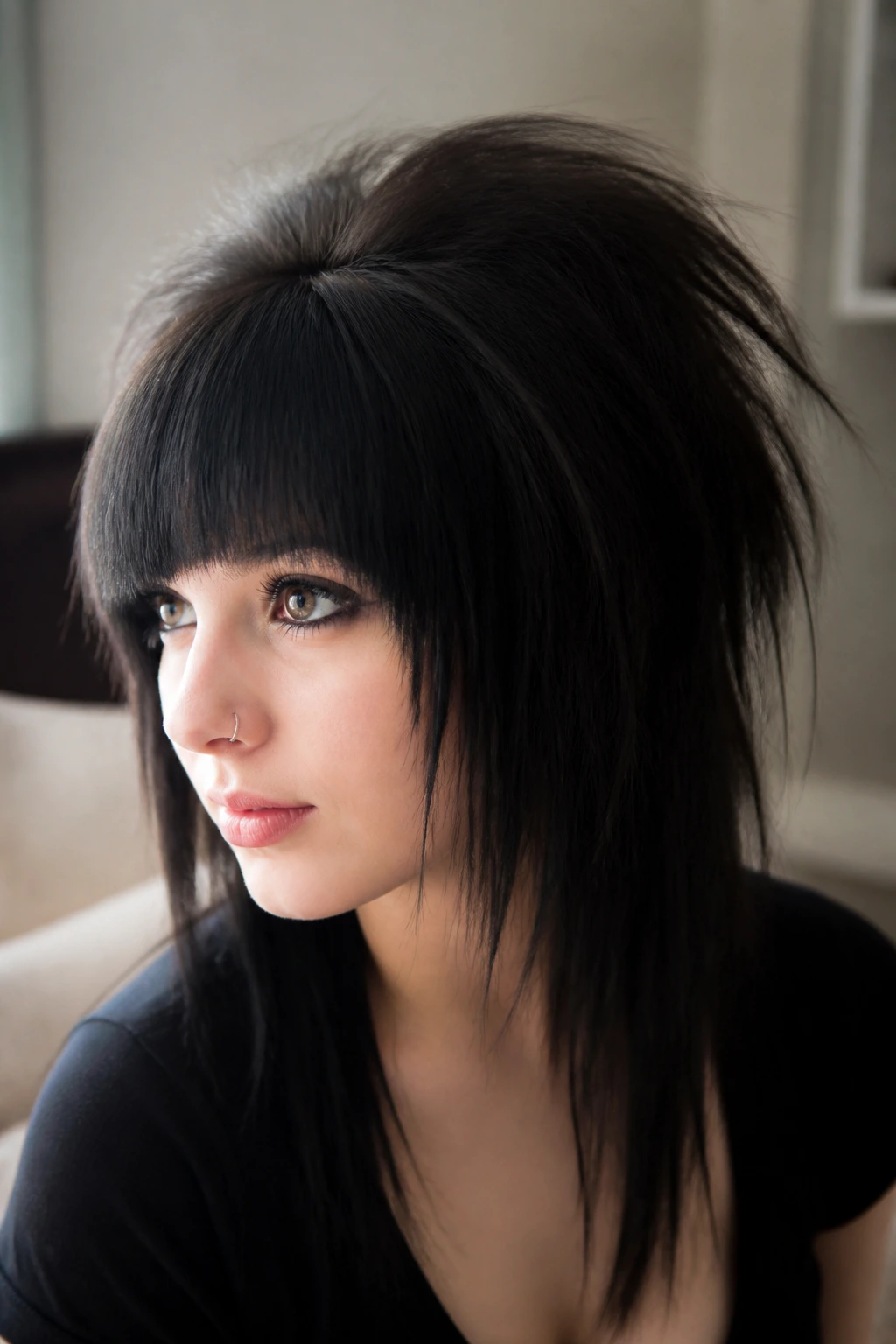 Portrait of a woman with straight bangs and teased body hair