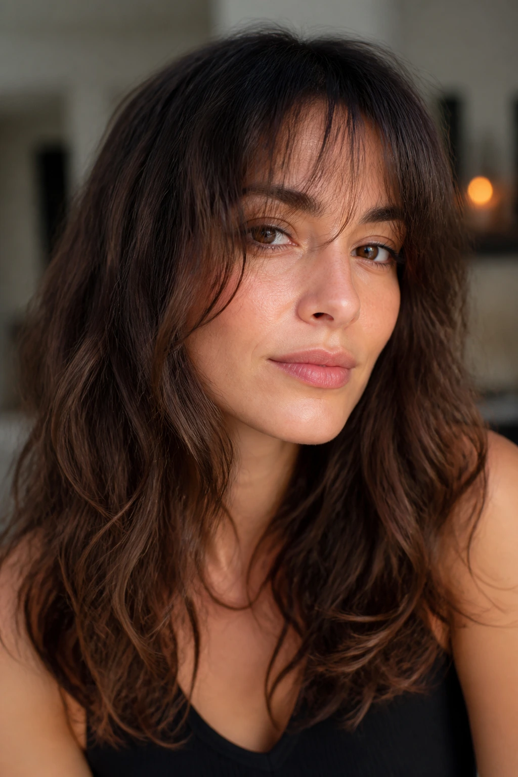 Real woman with wispy bangs under soft indoor light