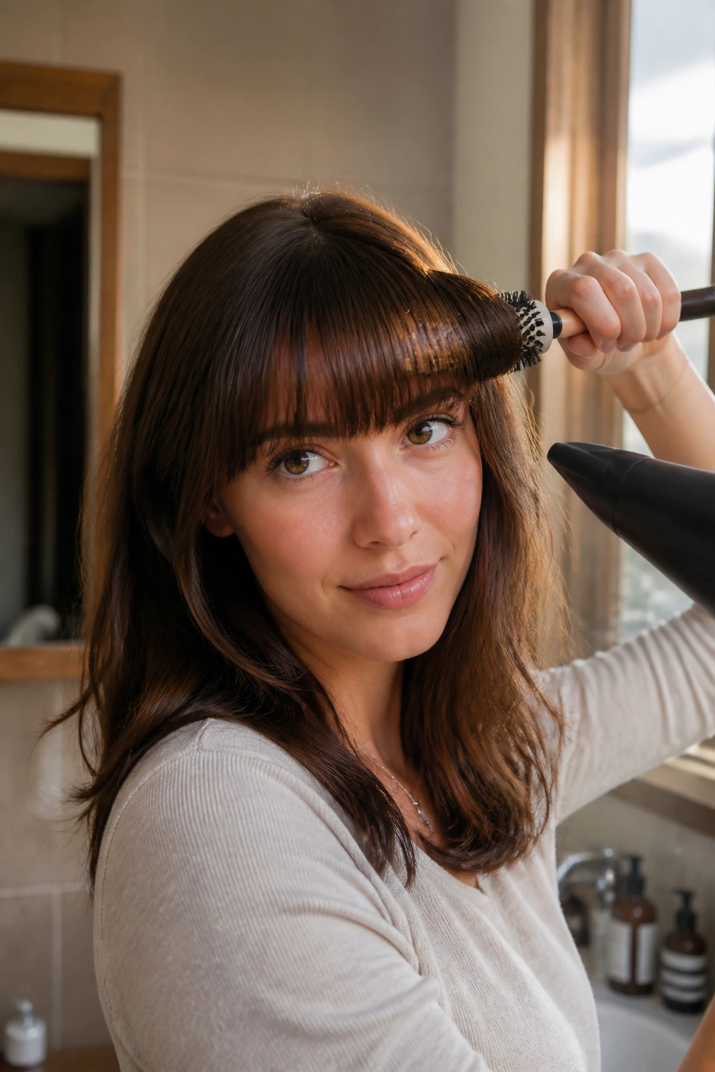 Close-up portrait of a real woman with straight bangs in a cozy home bathroom with warm light