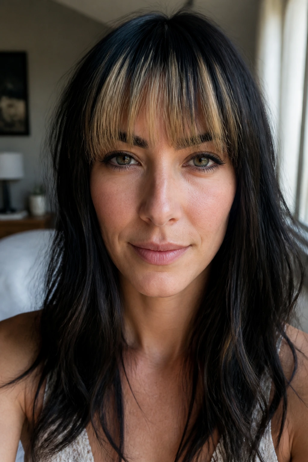 Close-up portrait of a real woman with blunt bangs at eyebrow level, framing the face.