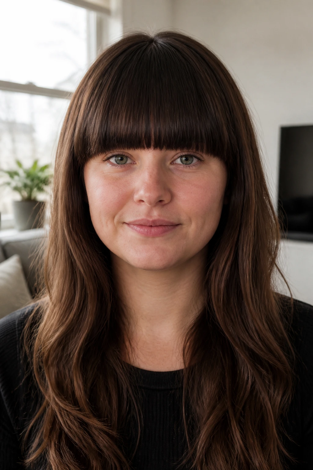 Real woman with bangs too wide illustrating common mistakes