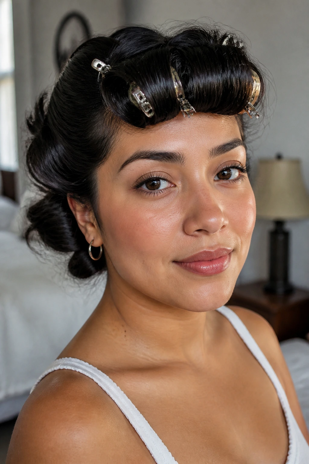 Real Latina woman with bangs pinned forward into a soft roll