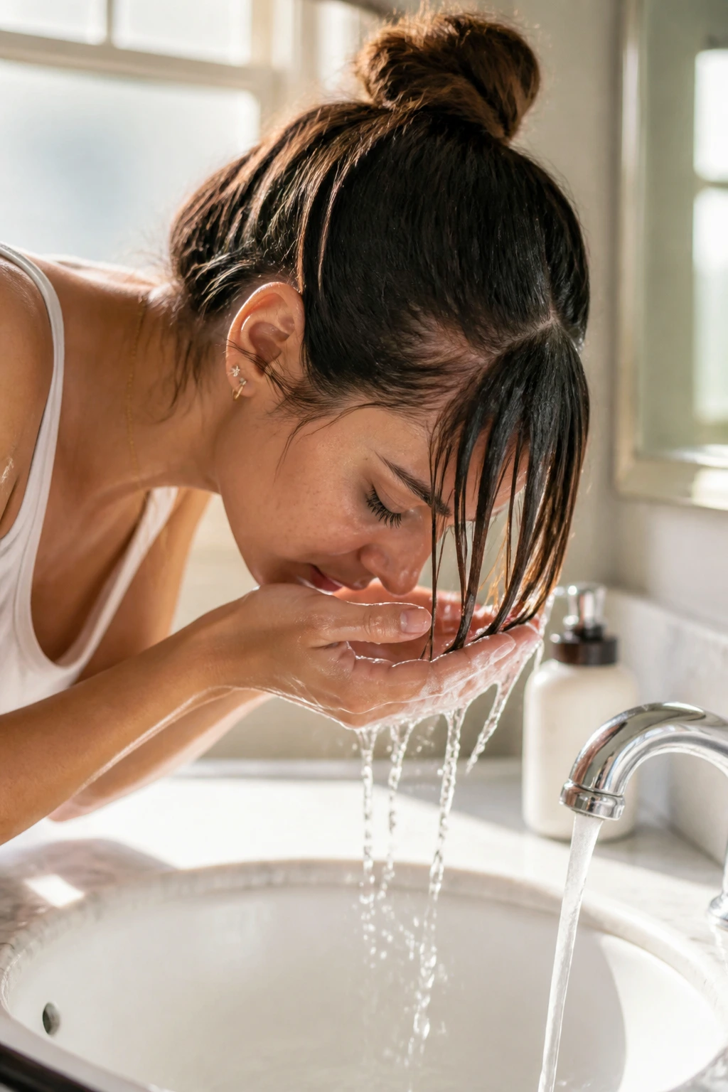 Real person performing bang-only sink wash at bathroom sink