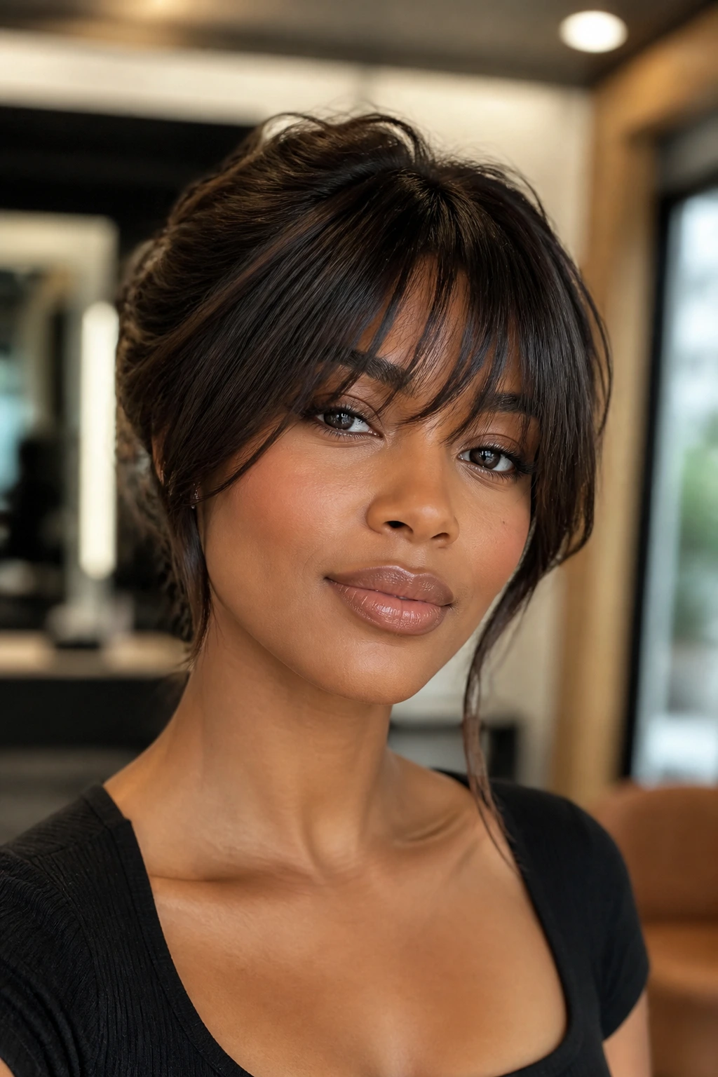 Close-up portrait of a woman with diagonal bangs softening a square jawline