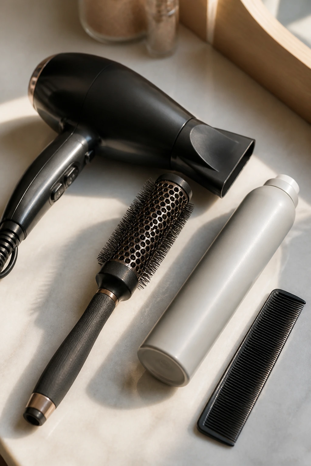 Top-down view of essential bangs styling tools on a vanity