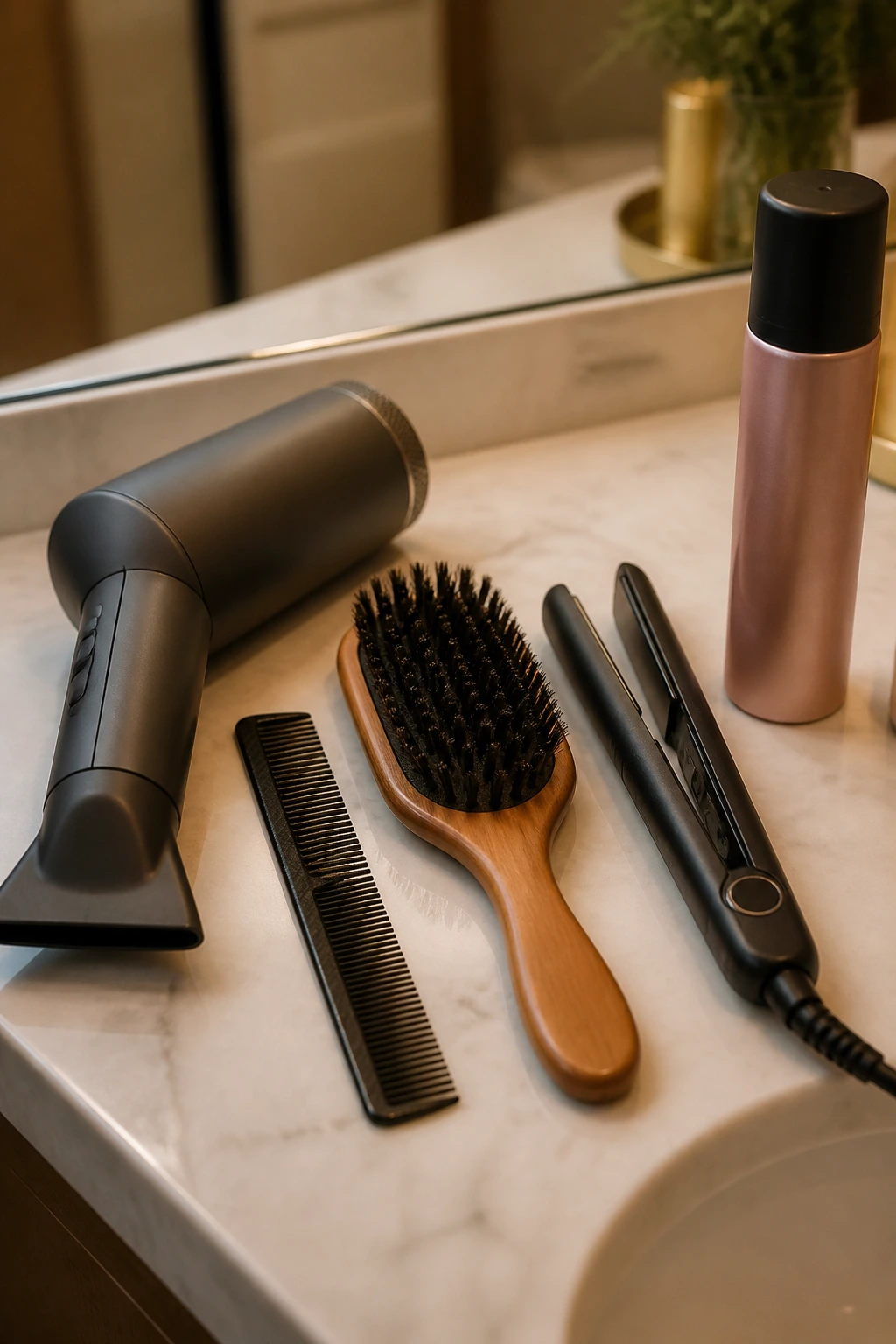 Close-up of bangs styling tools arranged on a bathroom counter