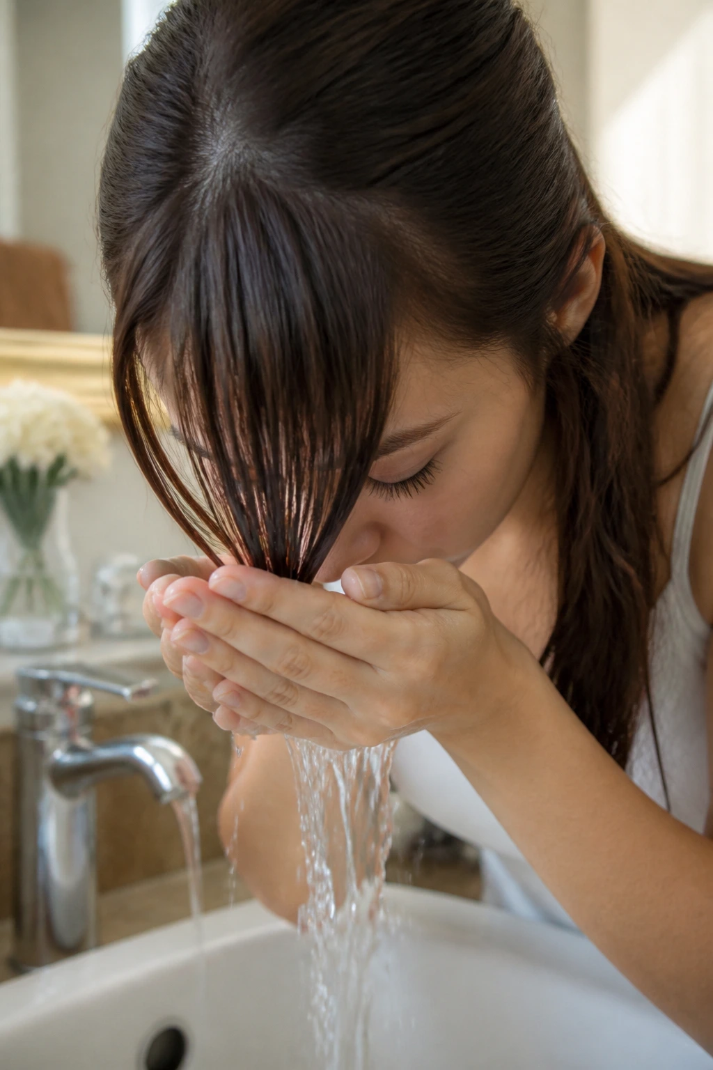 Portrait of a person washing bangs over a bathroom sink
