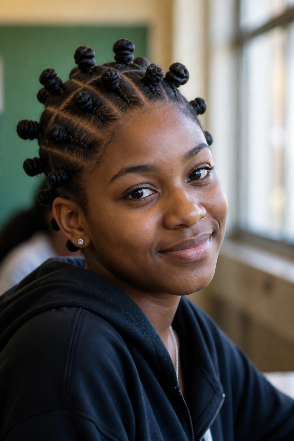 Portrait of a real student with bantu knot braids in classroom light