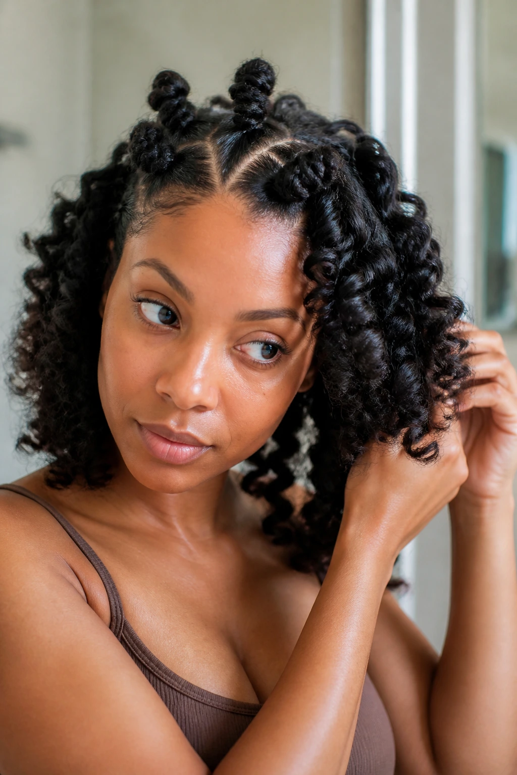 Real woman with bantu knot out transitioning to waves