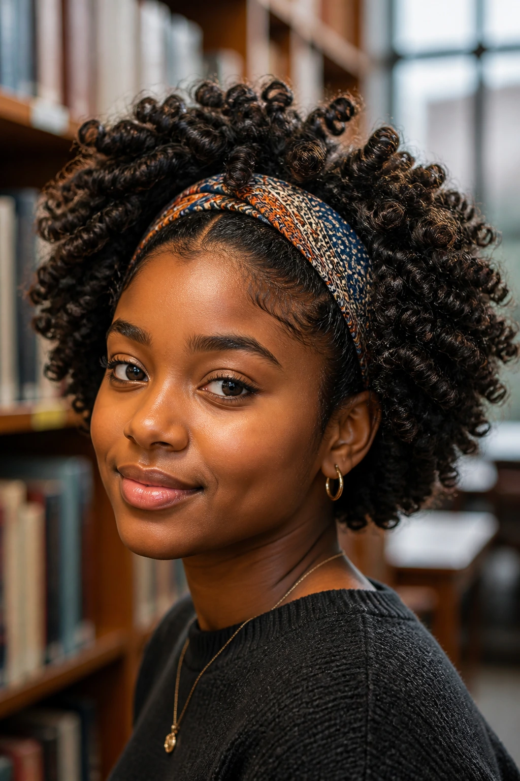 Close-up of a real person with bantu knot out and headband
