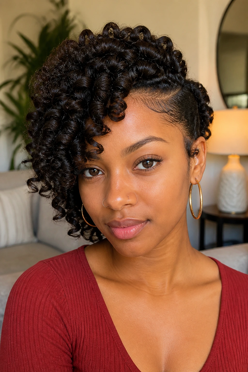 Close-up of a real woman with bantu knot-out and side sweep