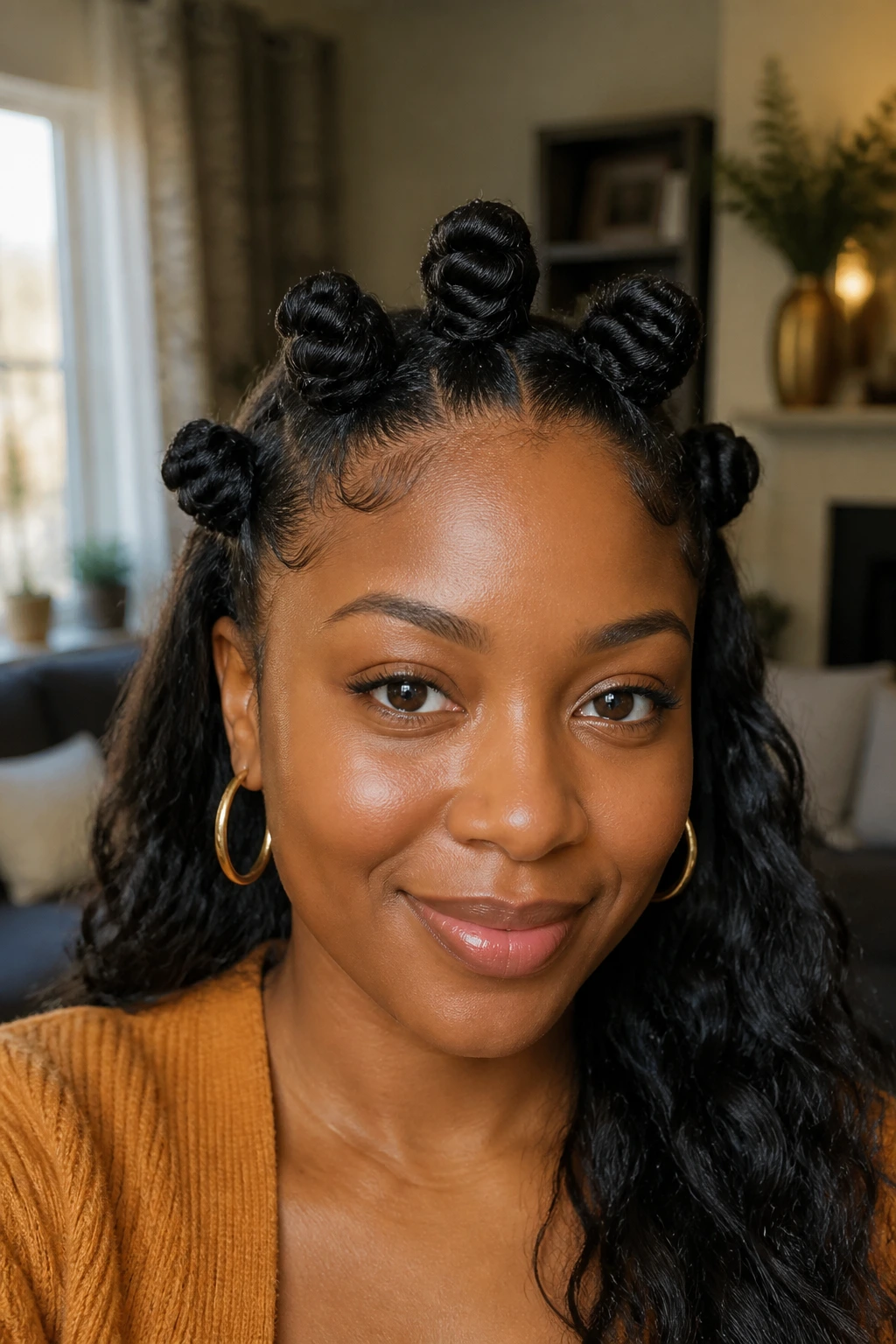 Front view of a real woman with a crown of Bantu knots along her hairline