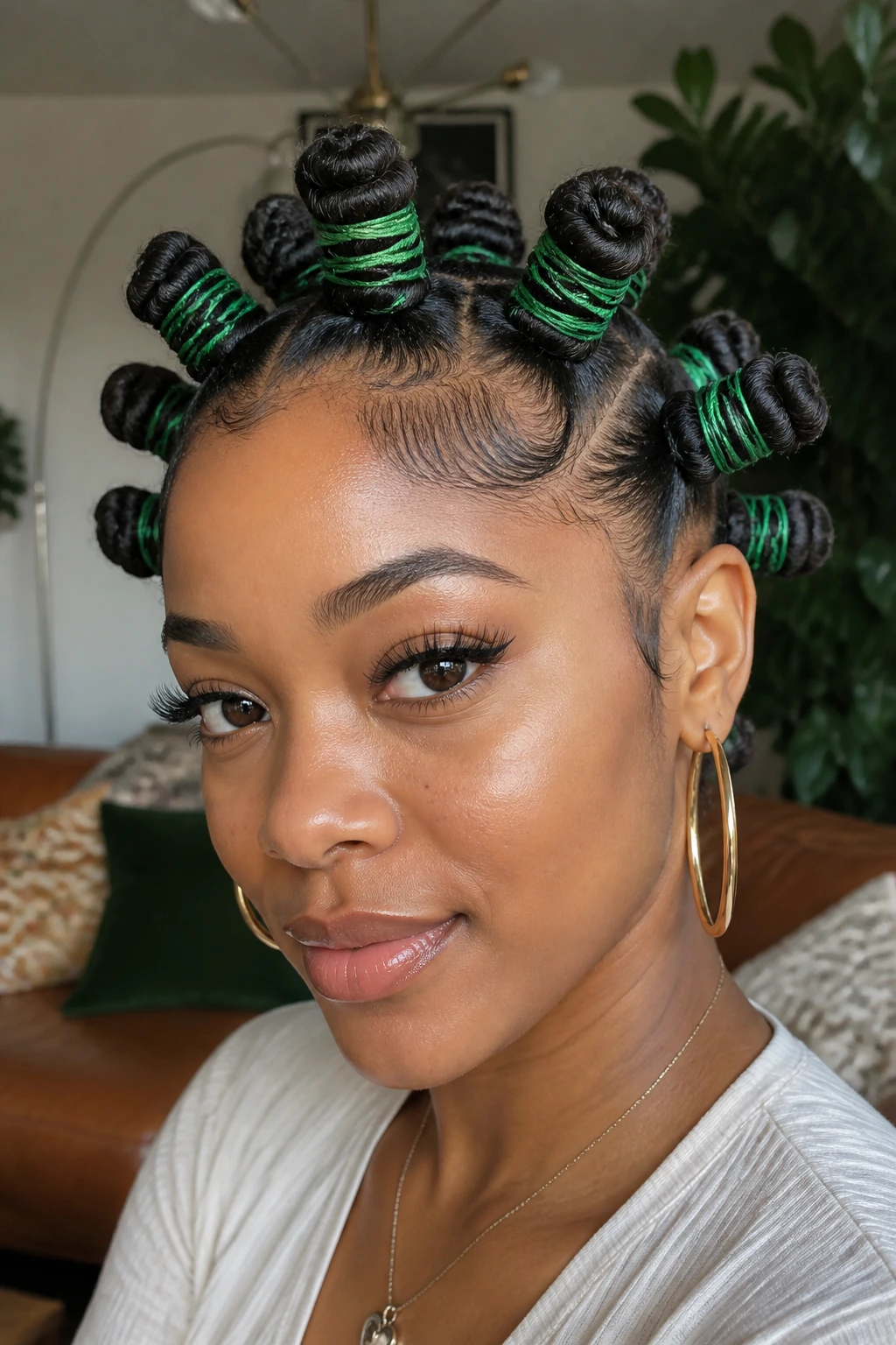 Close-up of a woman with bantu knots wrapped in green thread