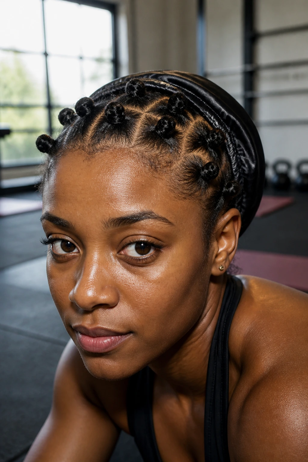 Close-up portrait of a woman with Bantu knots under a satin cap in a gym