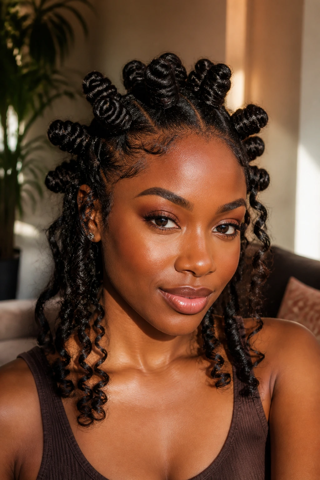 Close-up of a person with bantu knots and loose ends in warm light