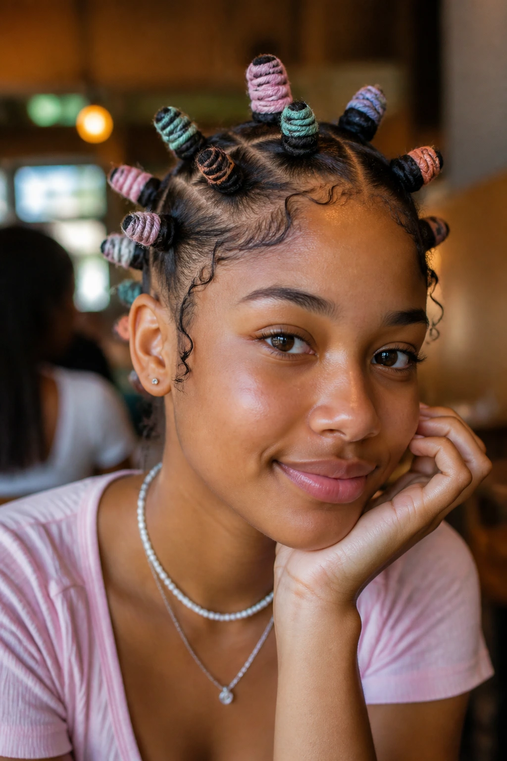 Close-up of real person with mini bantu knots and pastel tips