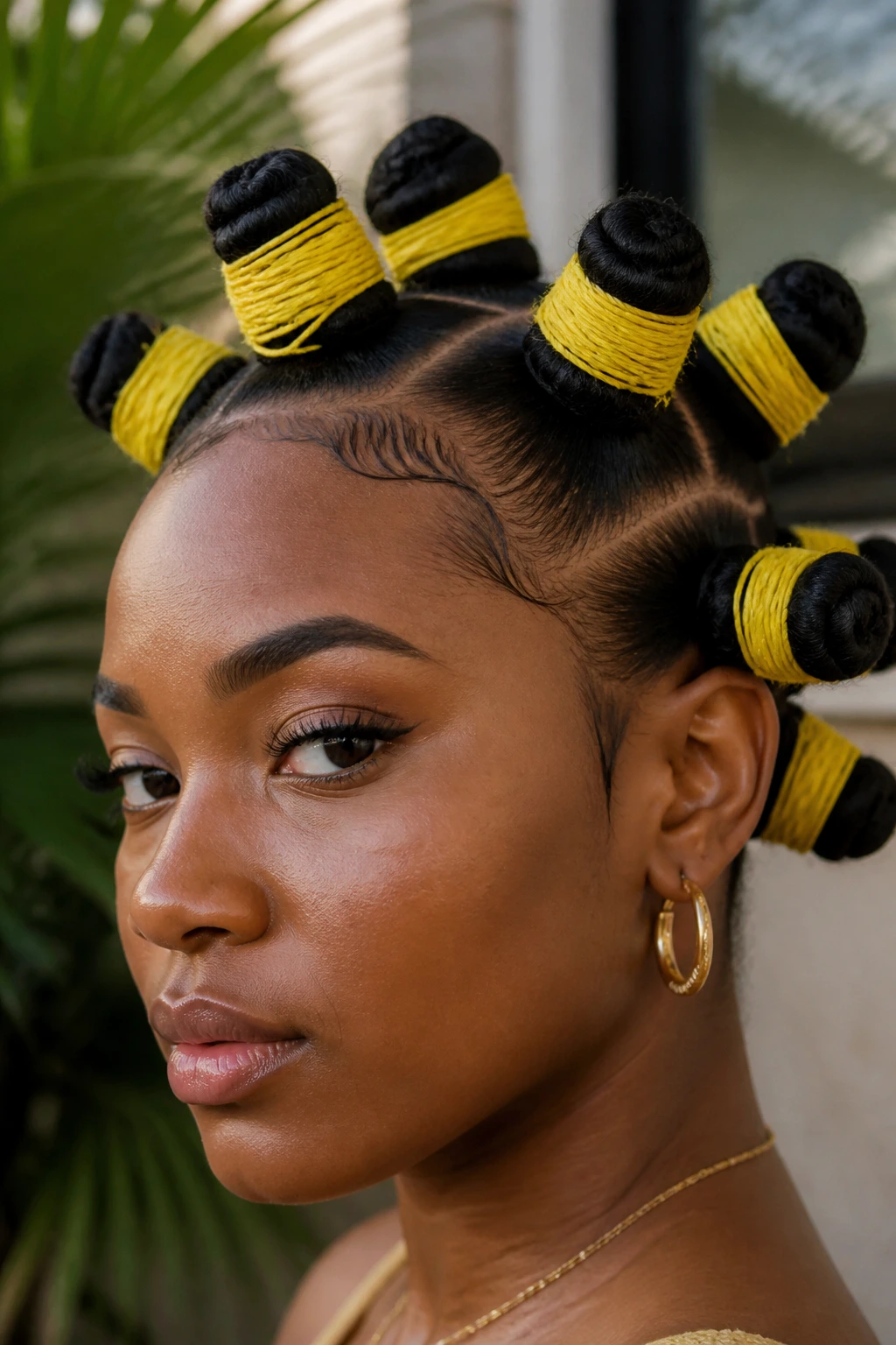 Real person with pineapple-yellow bantu knots dominating the frame.