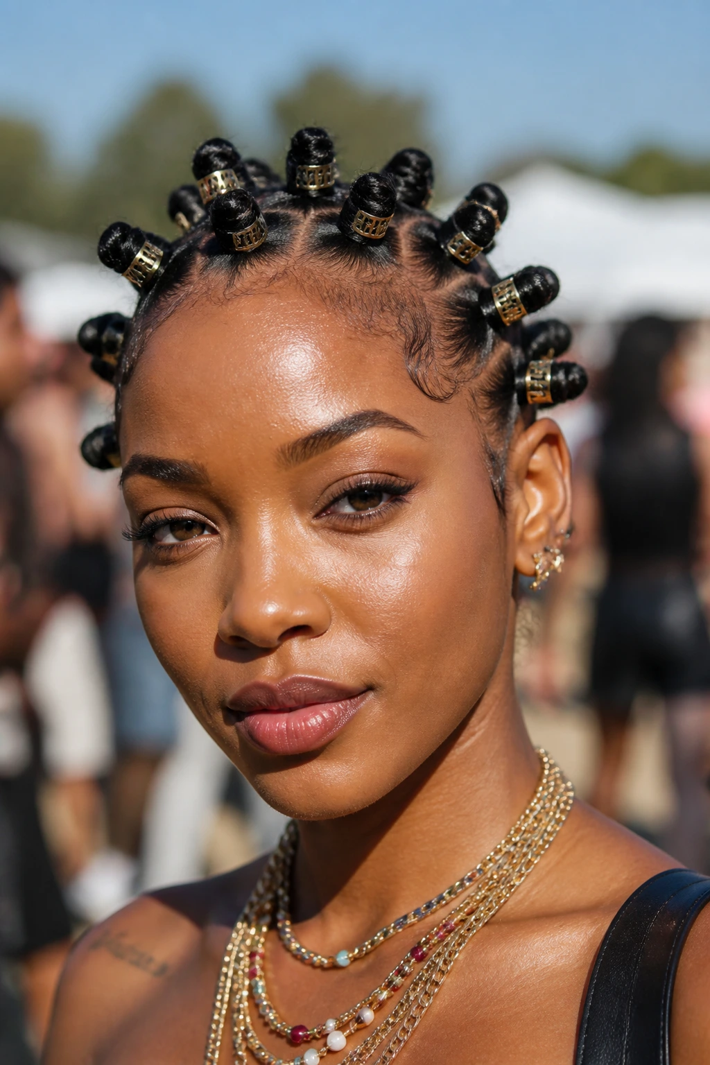 Close-up portrait of a real woman with neatly arranged bantu knots at a festival