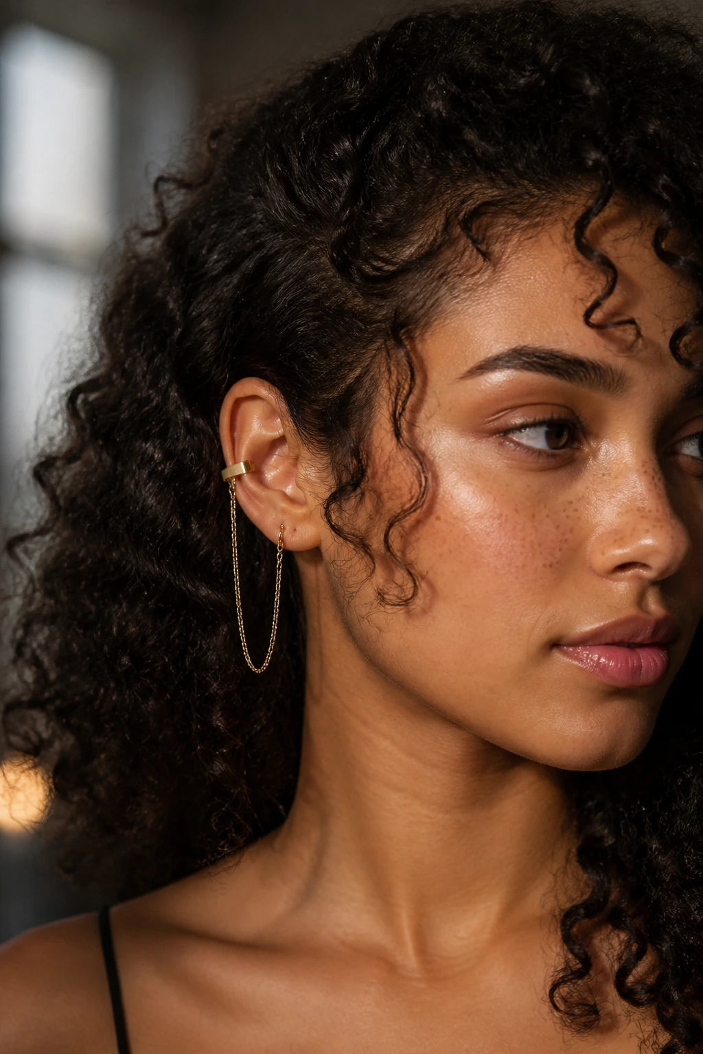 Close-up of minimalist bar-and-chain ear cuff on a woman's ear