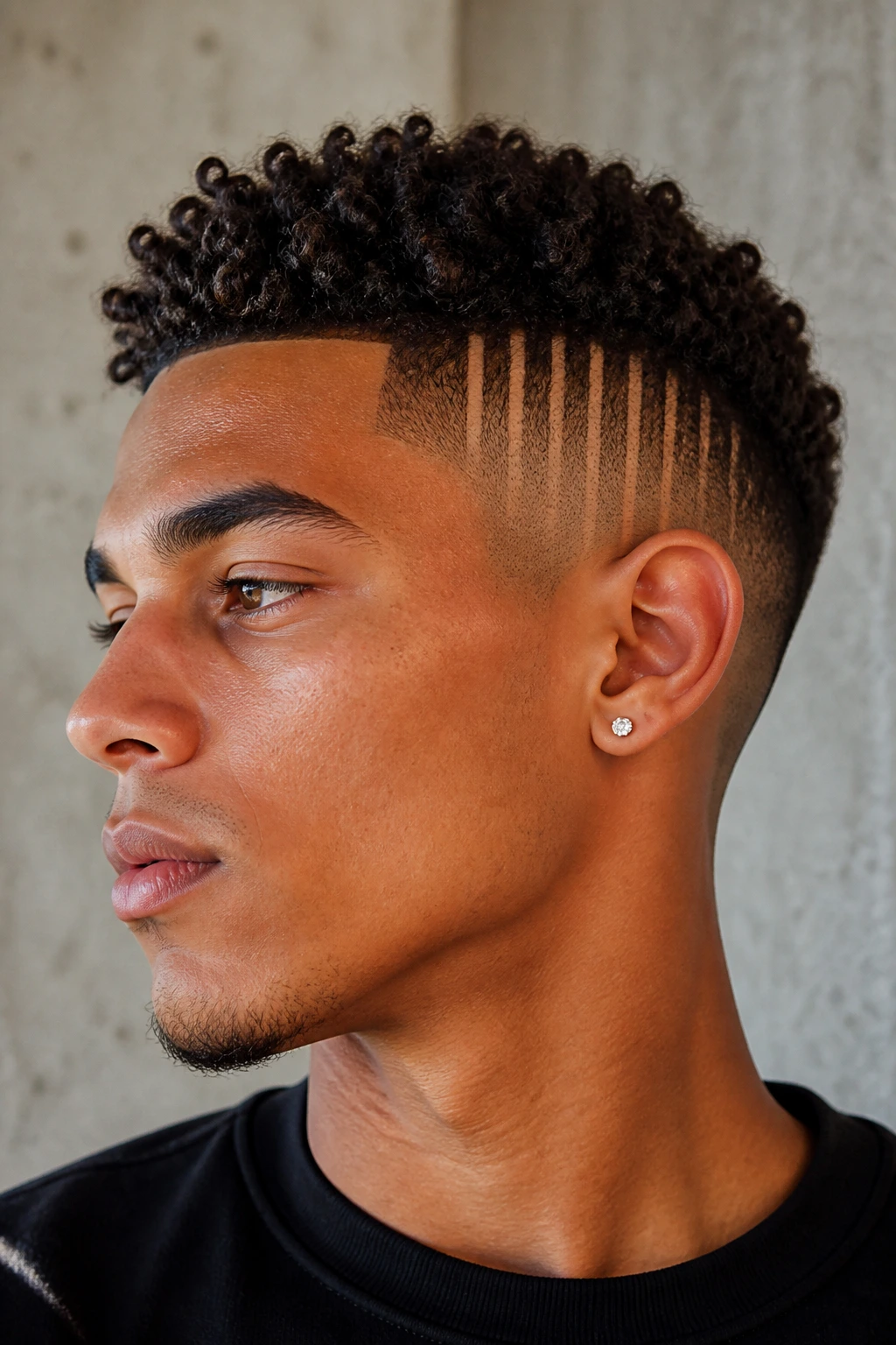 Close-up of vertical barcode lines shaved at temple