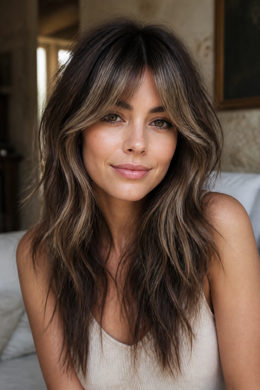 Close-up of Bardot bangs with beige highlights on dark oak shag