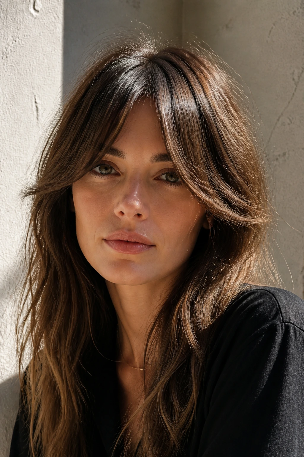 Portrait of Bardot-style centered draped bangs framing the eyes