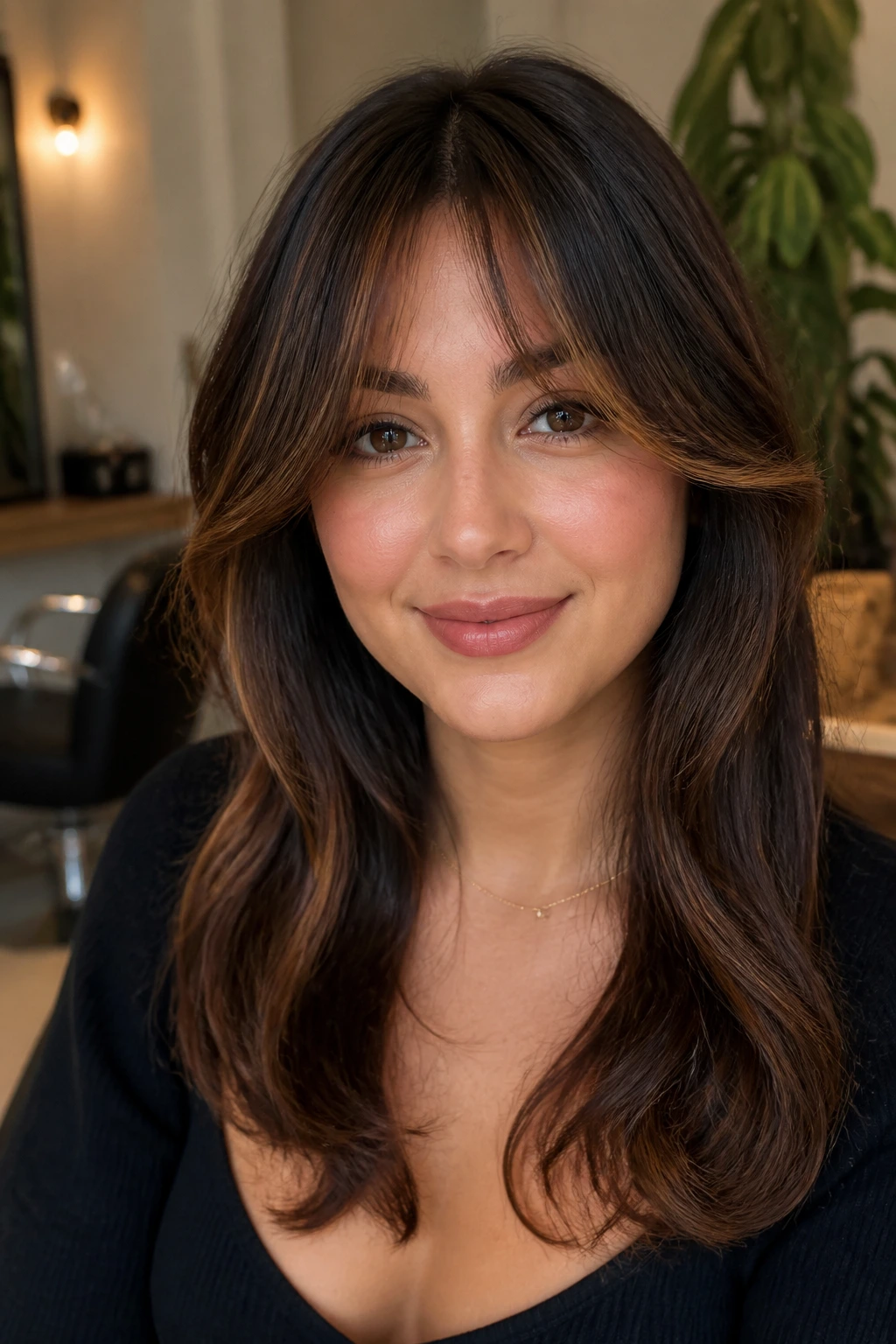 Close-up portrait of a woman with wispy Bardot bangs and cinnamon highlights