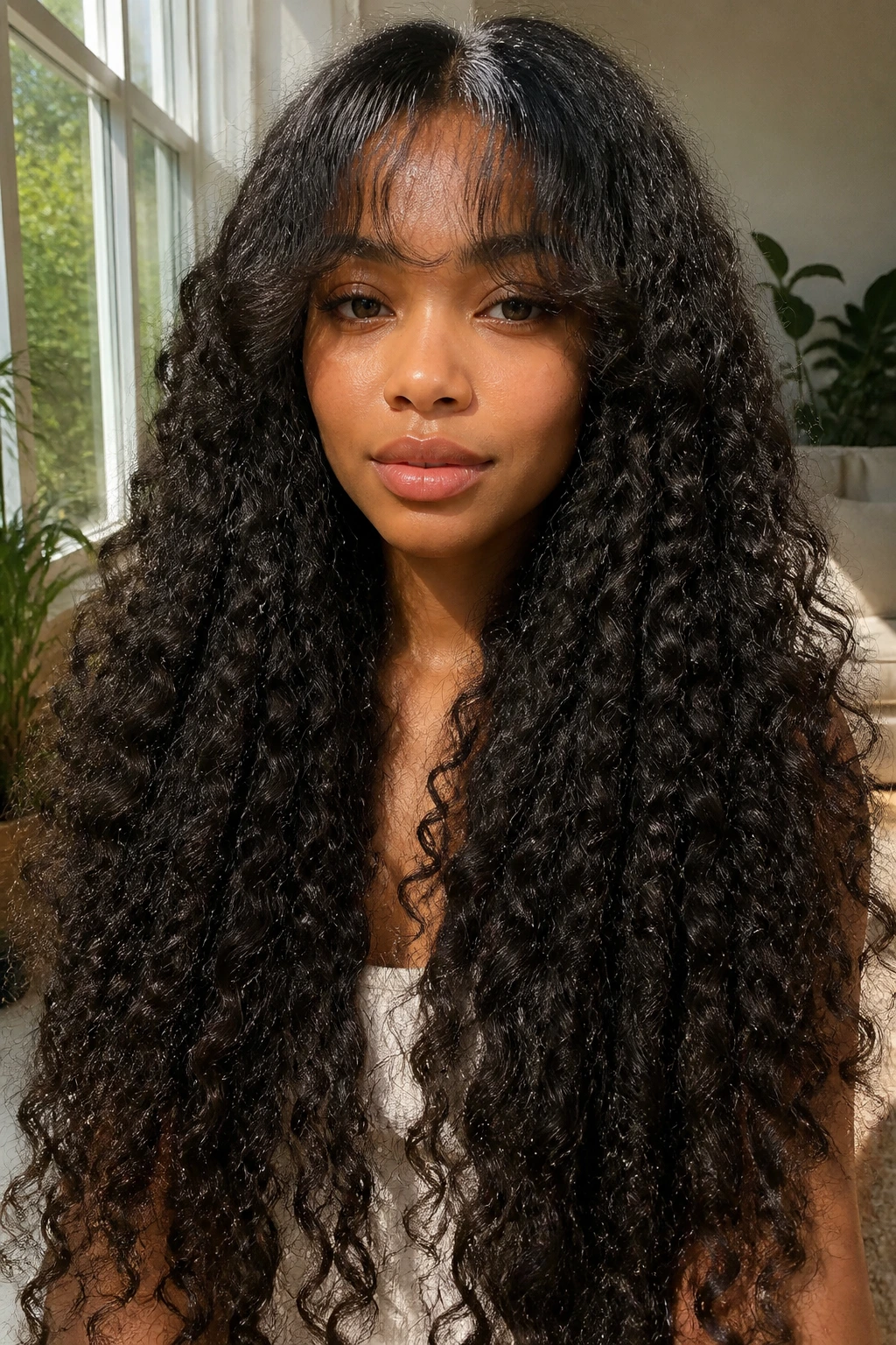 Close-up of a woman with waist-length coily ringlets and Bardot bangs framing her face in soft light.