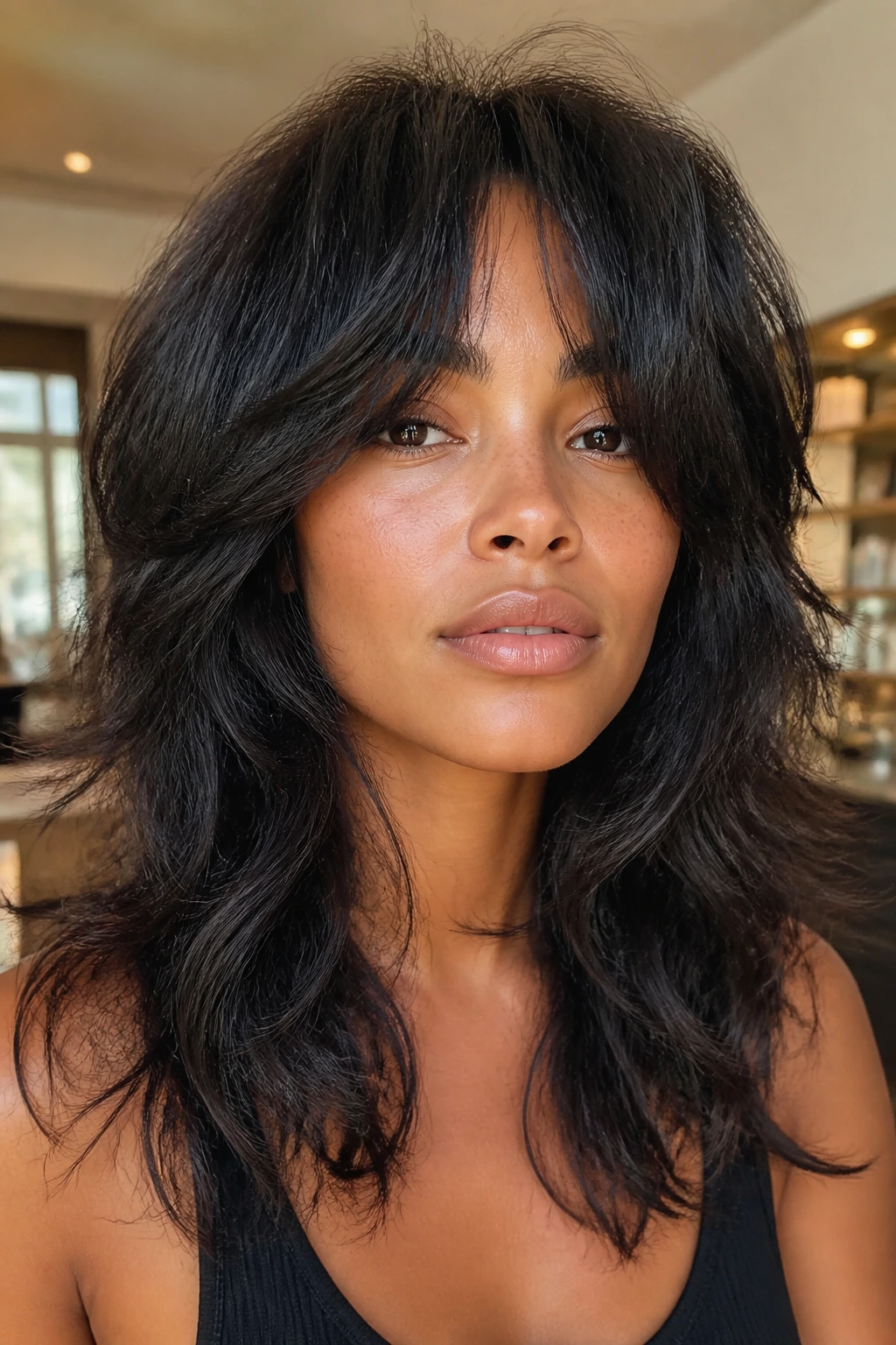 Close-up of a woman with Bardot bangs and textured deconstructed shag blowout