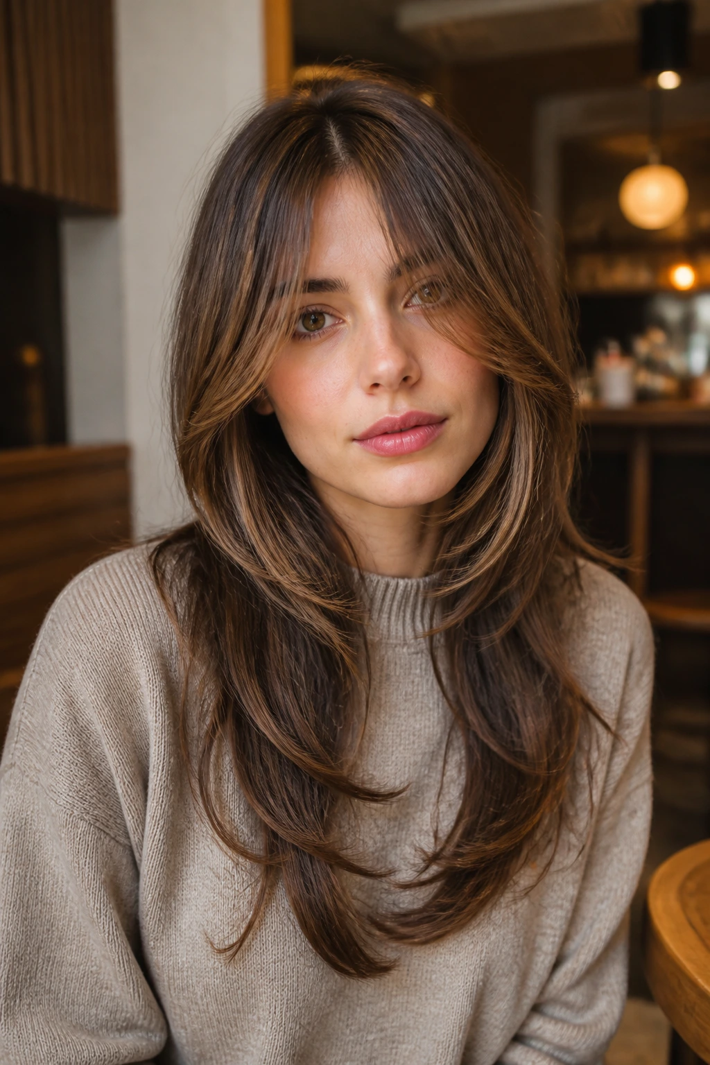 Grown-out Bardot bangs with cascading U-cut layers on a real woman in a cafe