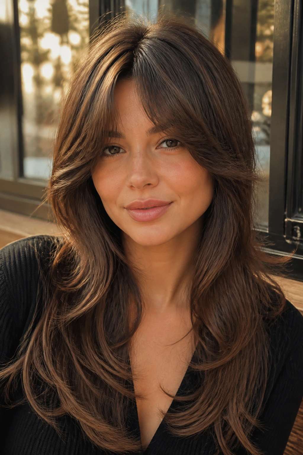 Real woman with feathery Bardot bangs and V-shaped cut in a cafe setting
