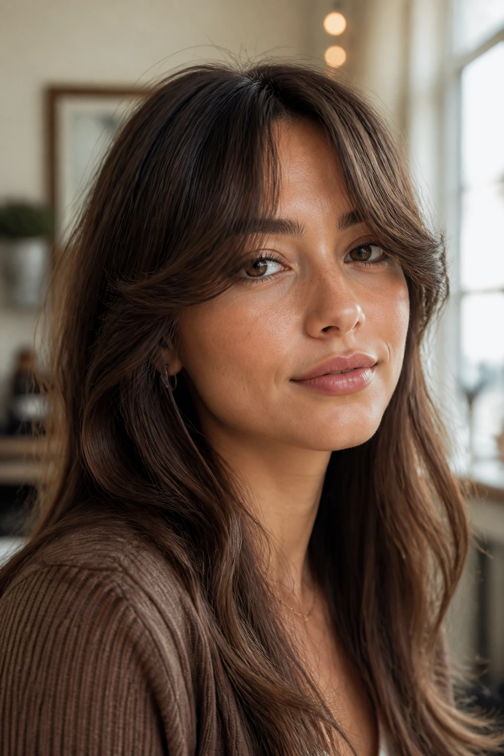 Portrait of a real person with Bardot curtain bangs swooping outward