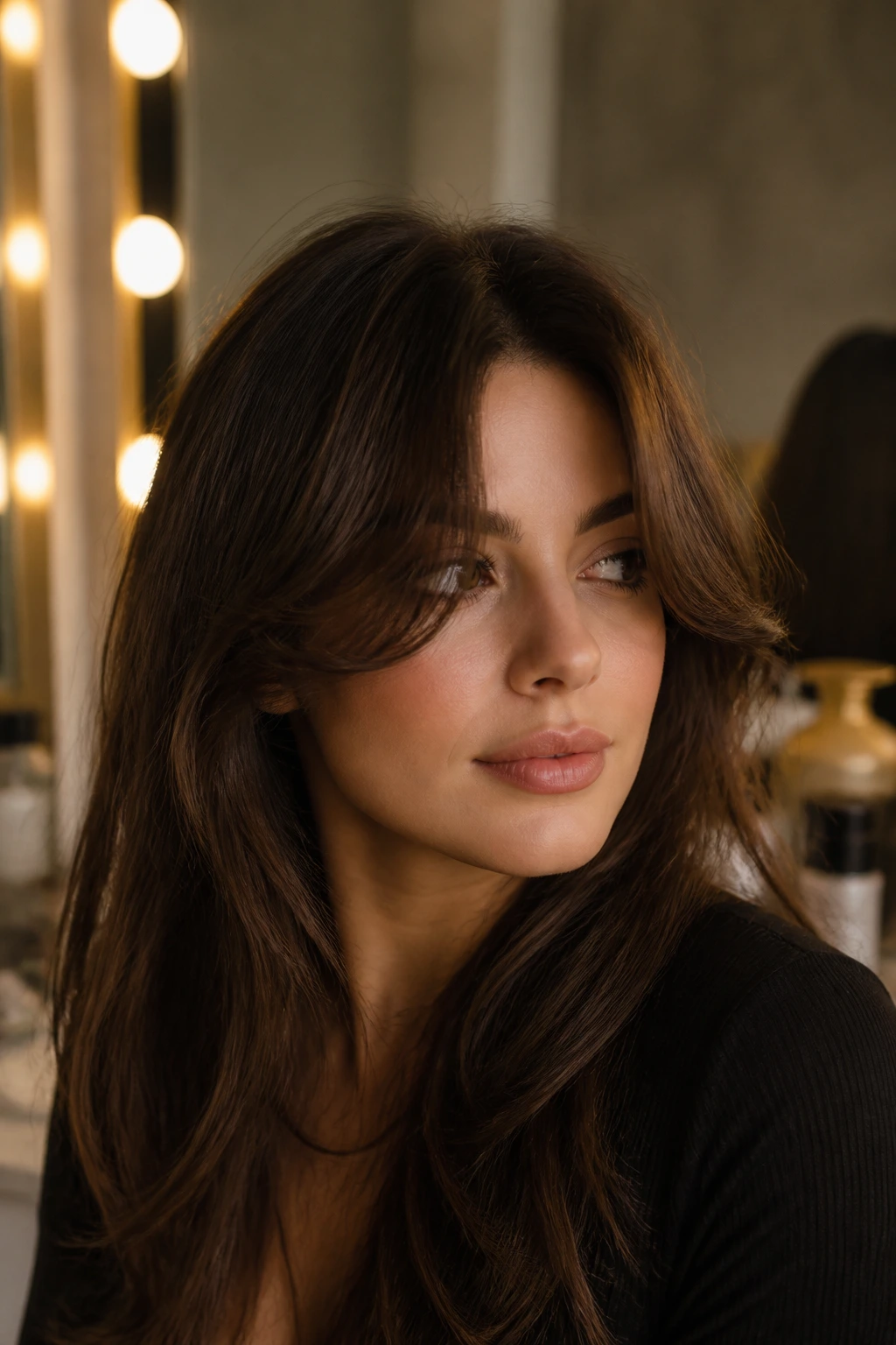 Close-up of a real woman with Bardot curtain bangs in a warm vanity light setting.